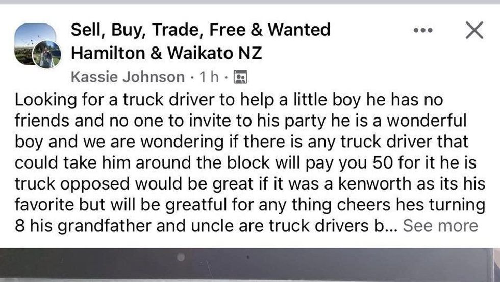 facebook post looking for a truck driver for lonely boy's birthday