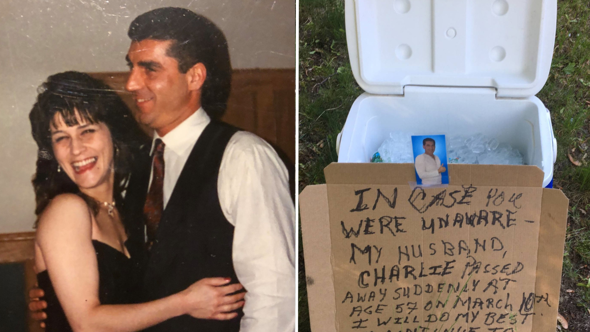 man and woman hugging and a cooler with a note on it