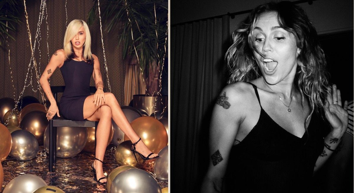 Miley Cyrus in black and white photo dancing beside a photo wearing a black dress at a party.