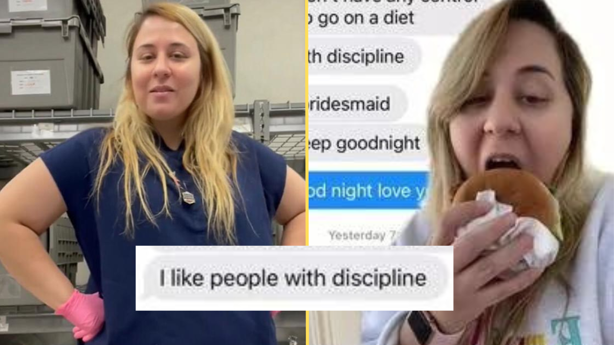 woman wearing scrubs and gloves, woman eating a burger, and screen shot of message (inset)