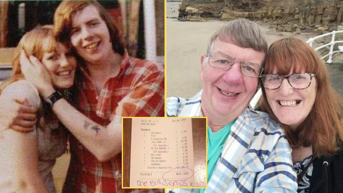 then and now picture of couple and a restaurant bill (inset)