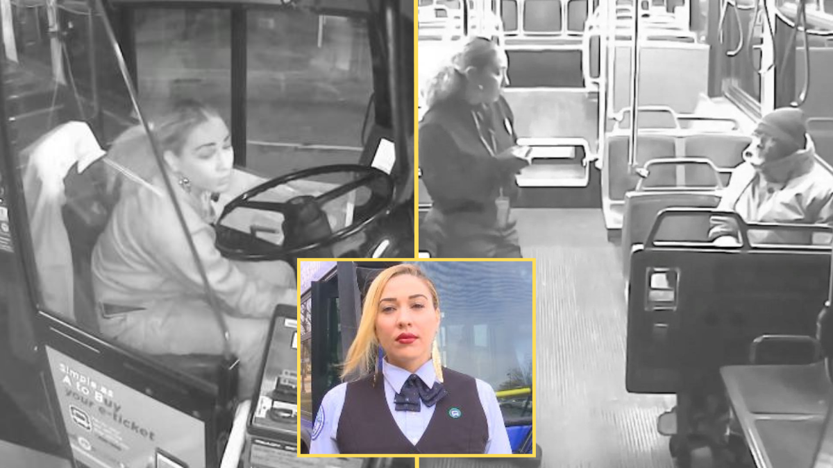 woman driving a bus, woman speaking to a man sitting in the bus and a woman with blond hair (inset)
