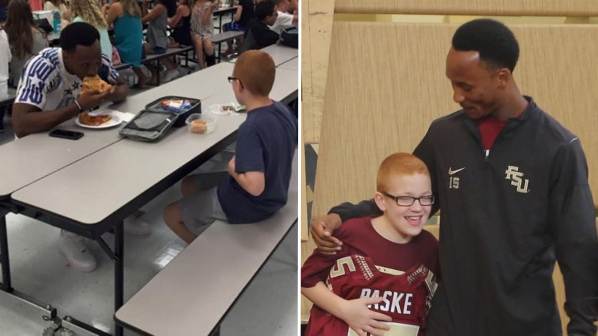 football player eating lunch with young boy at school and a tall man hugging a young boy