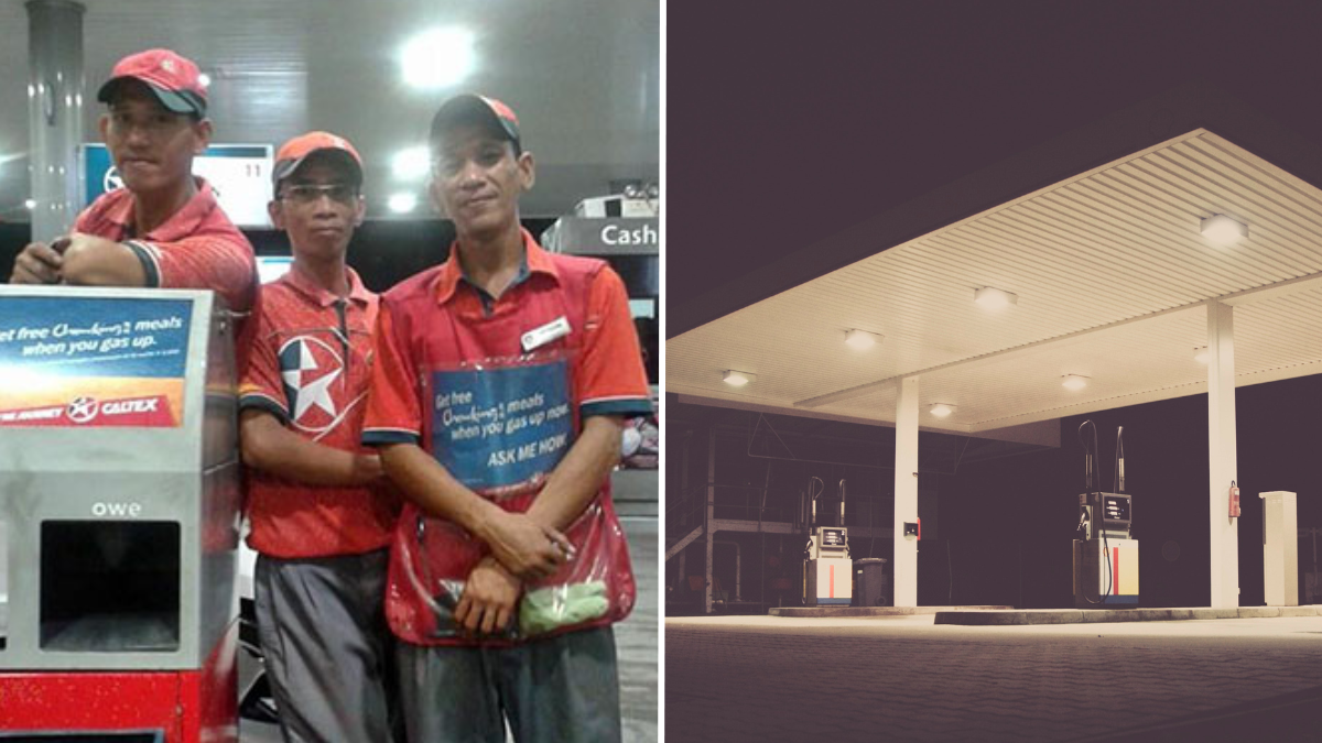 three men wearing orange uniforms and a gas station at night