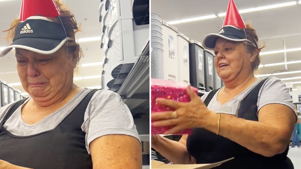 woman crying and a woman holding a gift wearing a red party hat