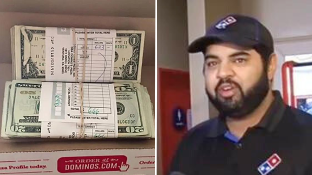 money in a Domino's pizza box and a Domino's pizza employee