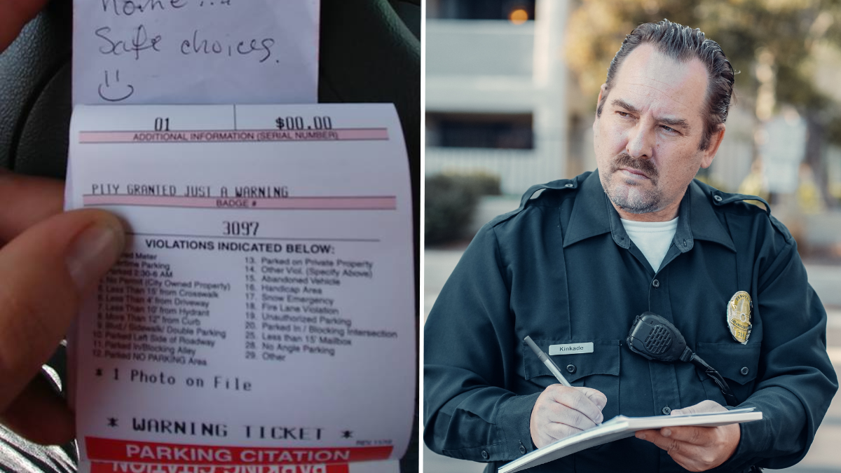 parking ticket and a police officer writing on a notepad