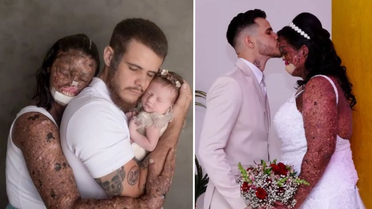 woman hugging a man and a baby and a man and a woman getting married