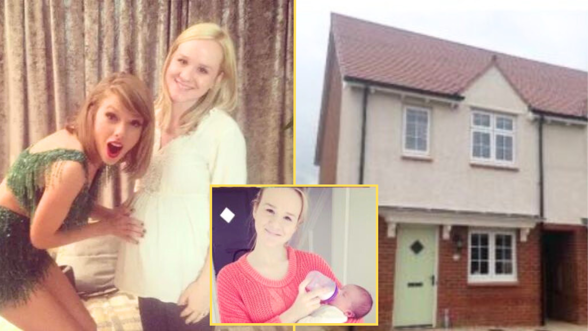 Taylor Swift with a pregnant fan, a house and a woman feeding a baby