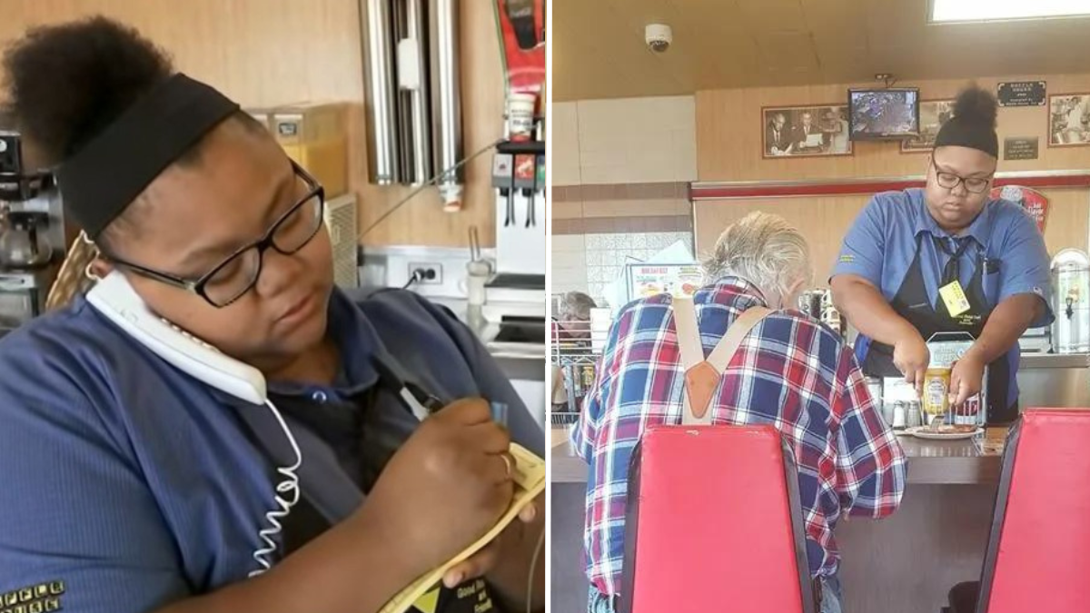 waffle house waitress on the phone and taking an order and a waitress cutting an elderly mn's food for him