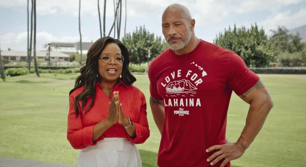 Oprah Winfrey with Dwayne "the Rock" Johnson for the Maui Relief Fund.