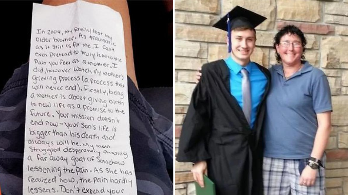 a note written on a napkin and a woman with a young man wearing graduation robes