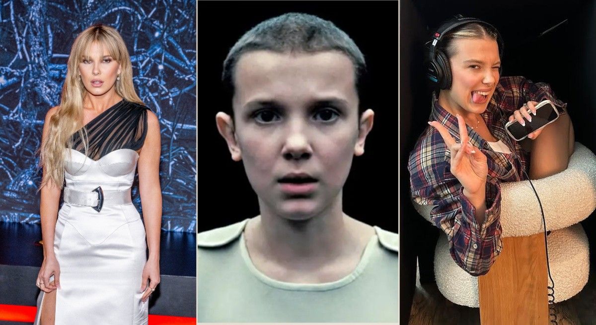 Millie Bobby Brown on the red carpet next to a young picture of the actress on Stranger Things.