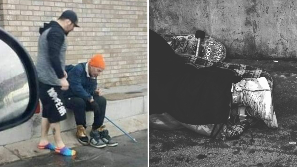 man giving homeless man and a close up of a person's shoes