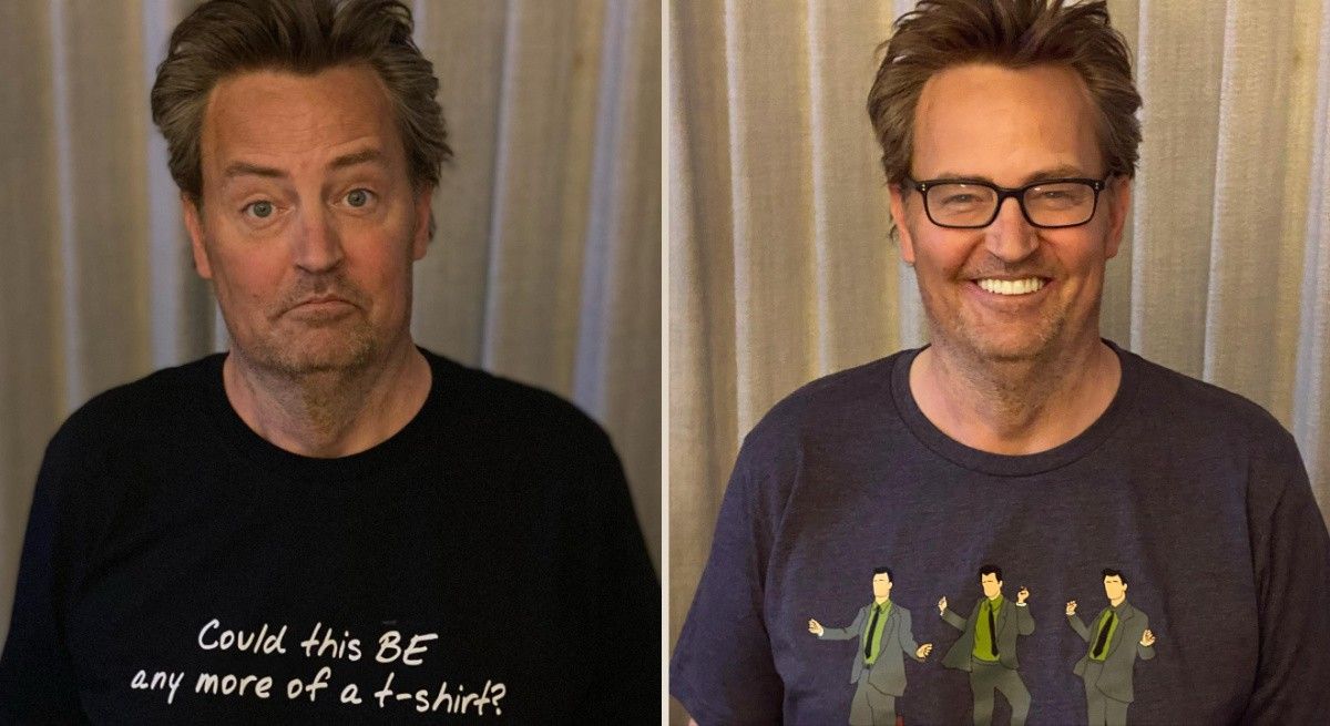 Matthew Perry smiling and wearing a Friends' Chandler shirt.