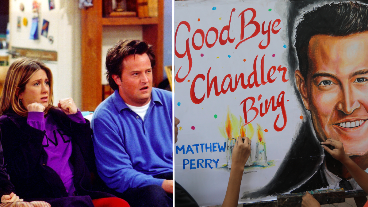 man and woman sitting on a couch and a poster board with "goodbye Chandler Bing" on it