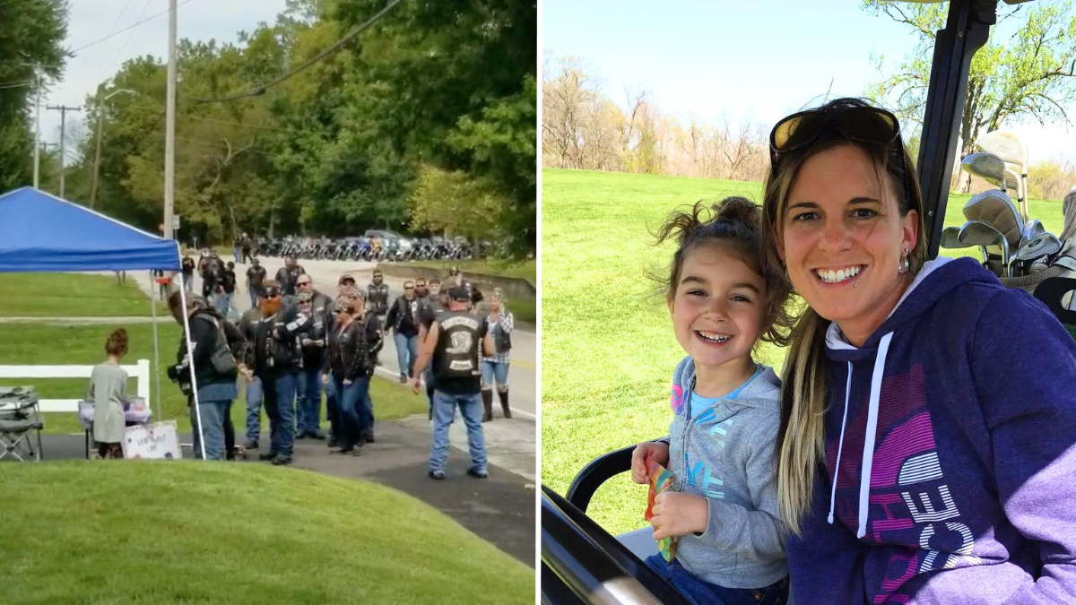 bikers at a lemonade stand and a mom with her daughter