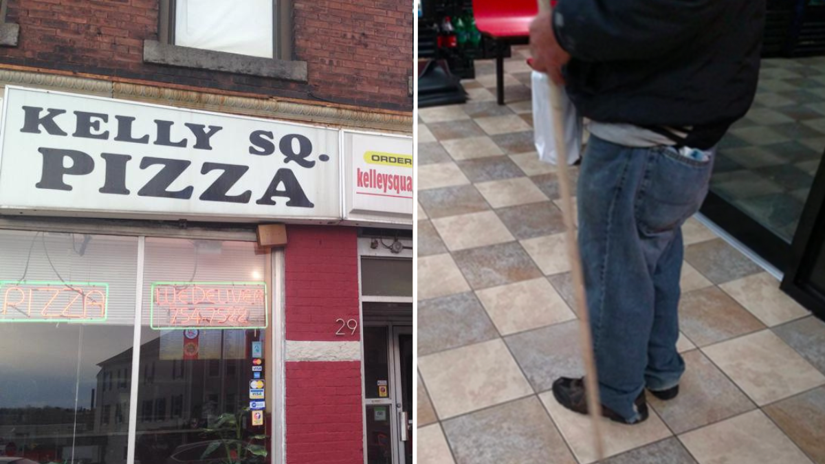 exterior of a pizza place and a person's jeans and shoes