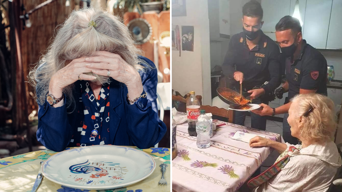 woman with her head in her hands and police officers making an elderly woman dinner