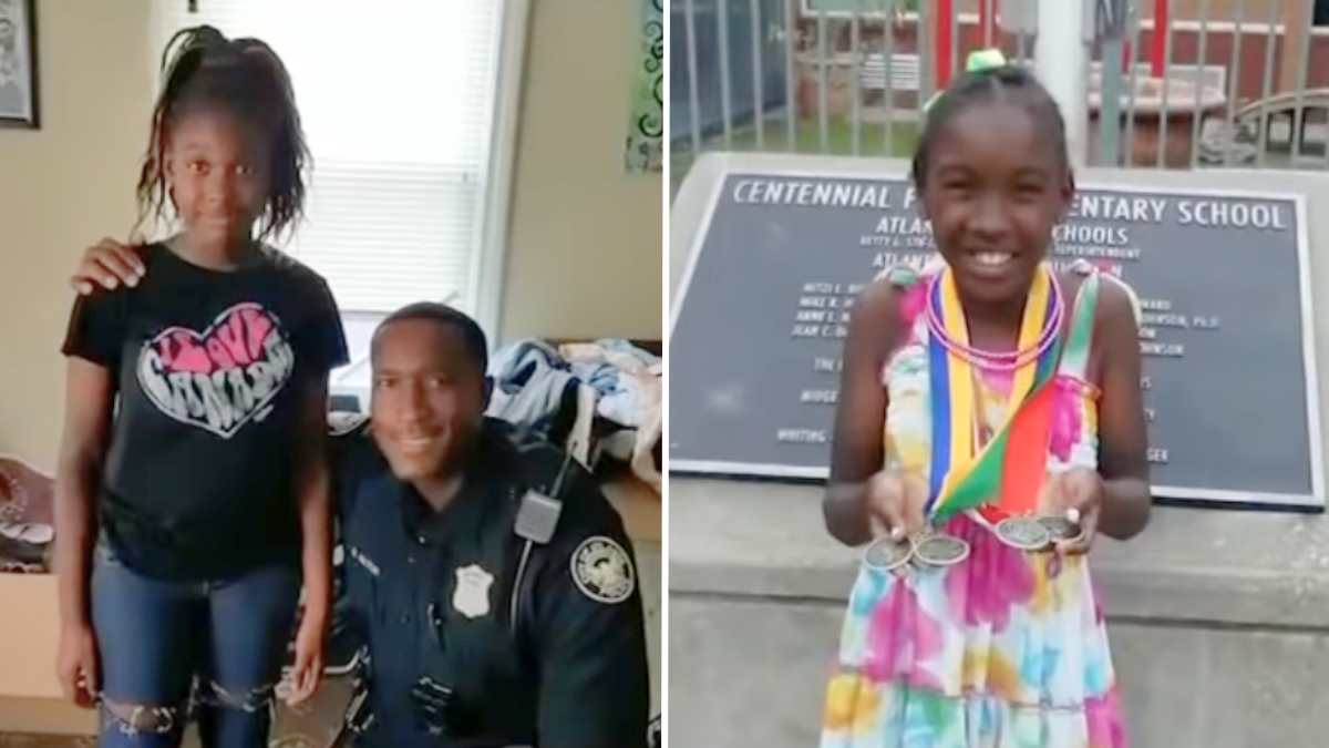 police officer with a little girl and a young girl wearing a dress