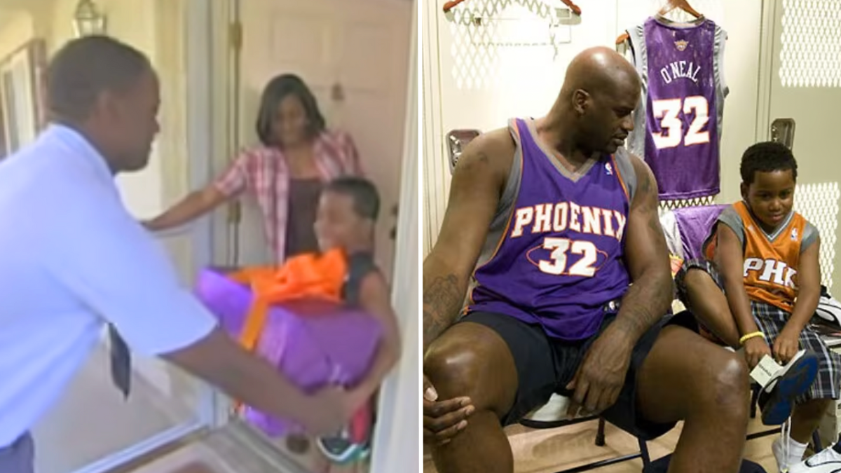 little boy receiving a package and Shaquille O'Neal and a little boy wearing jerseys