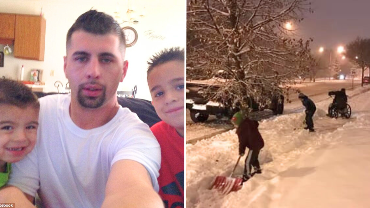 dad with his two sons and people shoveling snow