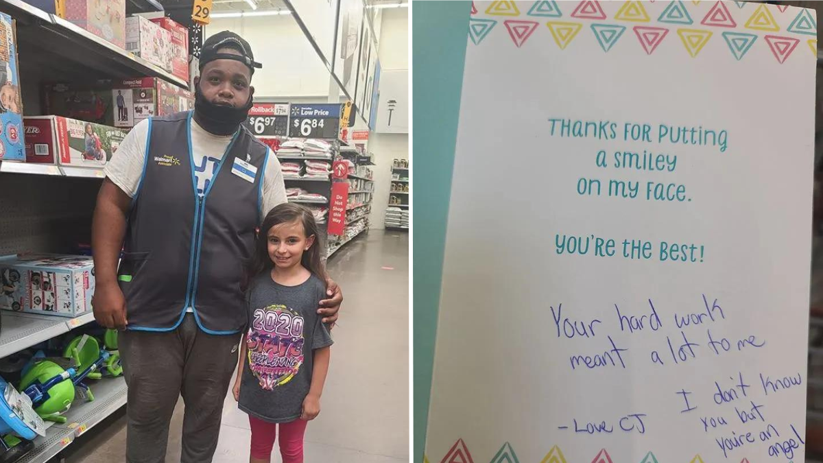 walmart employee and a little girl and a card with a note