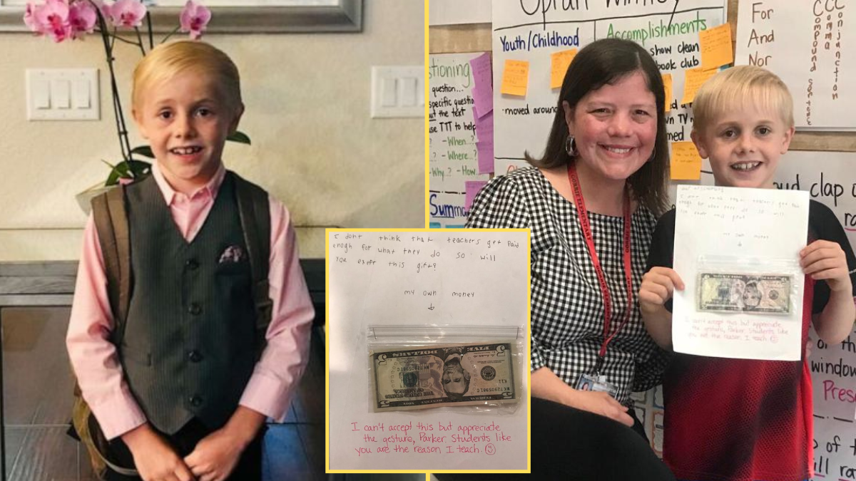 little boy wearing a backpack, little boy with his teacher and money stuck to a note (inset)