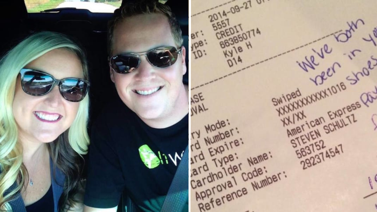 man and woman wearing sunglasses and a receipt from a restaurant