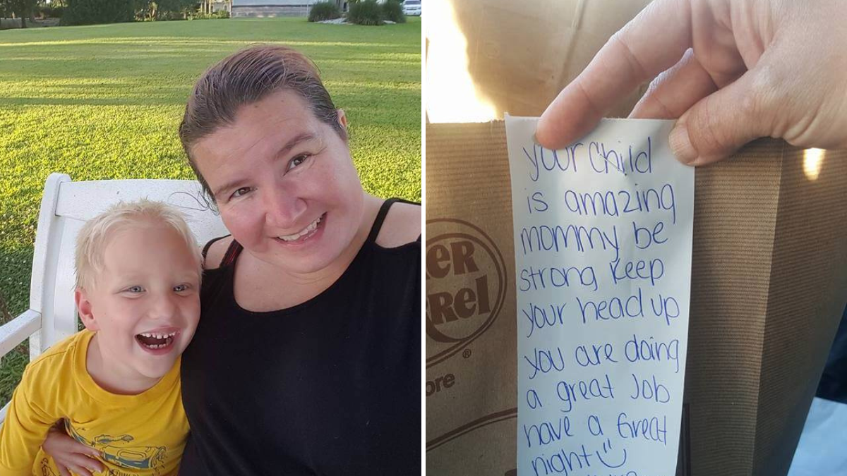 woman with her little son and a note attached to a take out bag