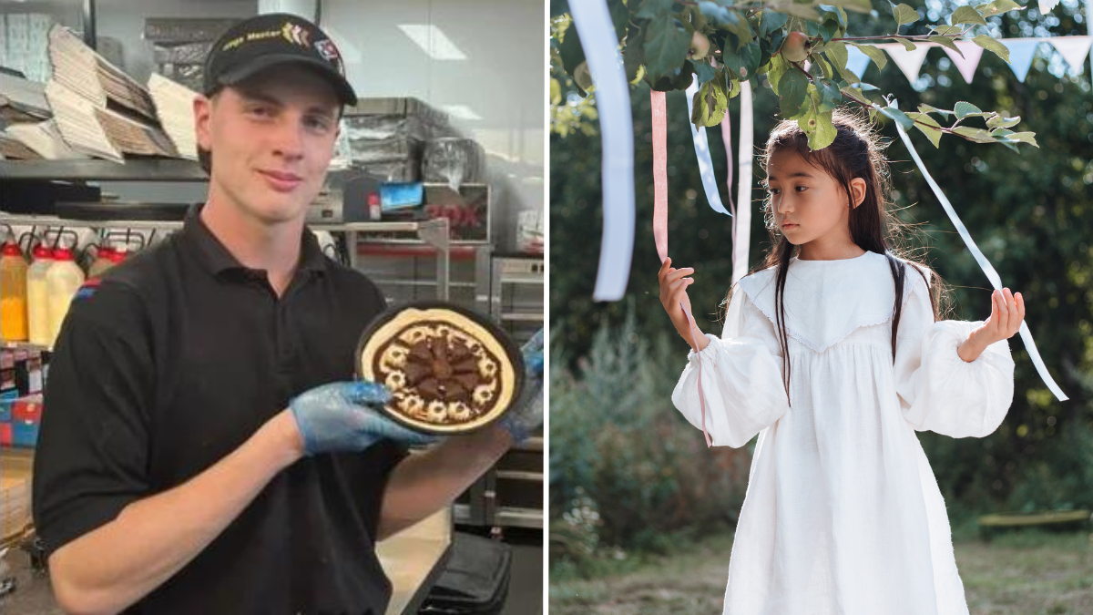 Domino's manager holding a chocolate pizza and a little girl holding the streamers at her birthday party
