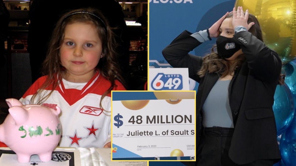little girl with a piggy bank and a shocked woman in a mask and a cardboard cheque for $48 million