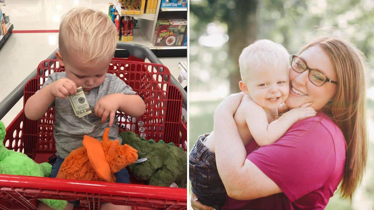 toddler sitting in a shopping cart and a woman hugging a little boy