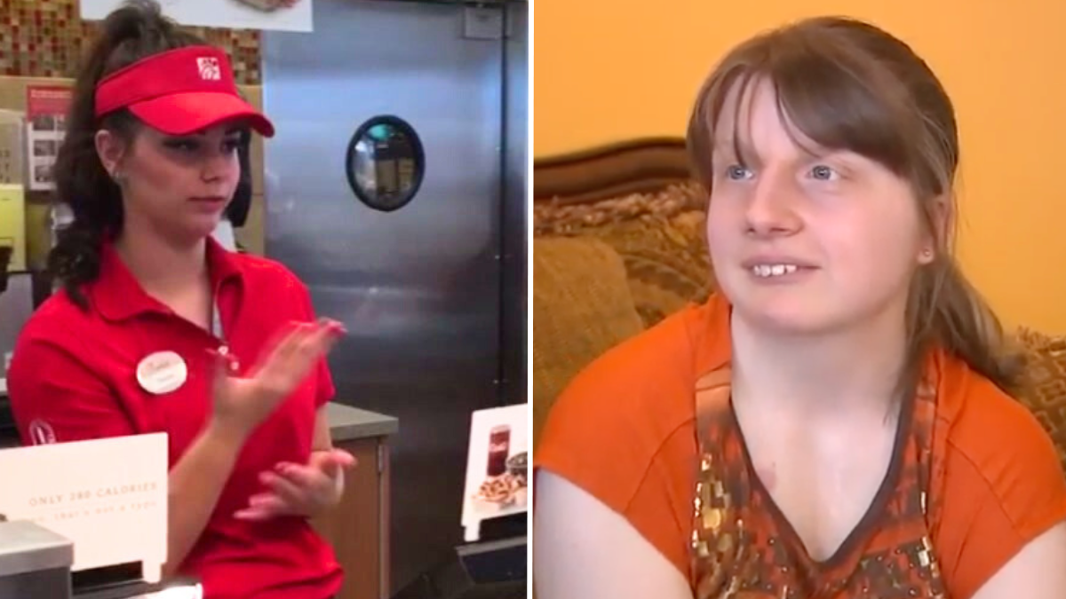fast food restaurant employee using sign language with hearing-impaired customer