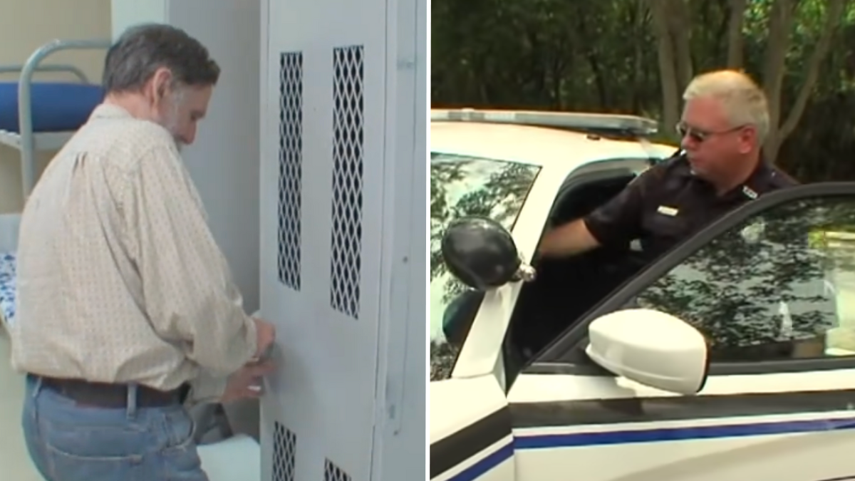 a man opening a closet and a police officer getting into his car