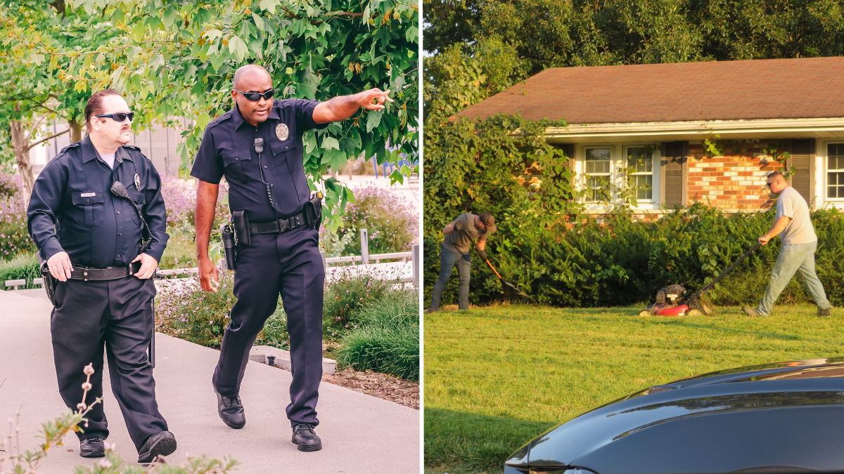 two police officers walking and men working on a person's lawn