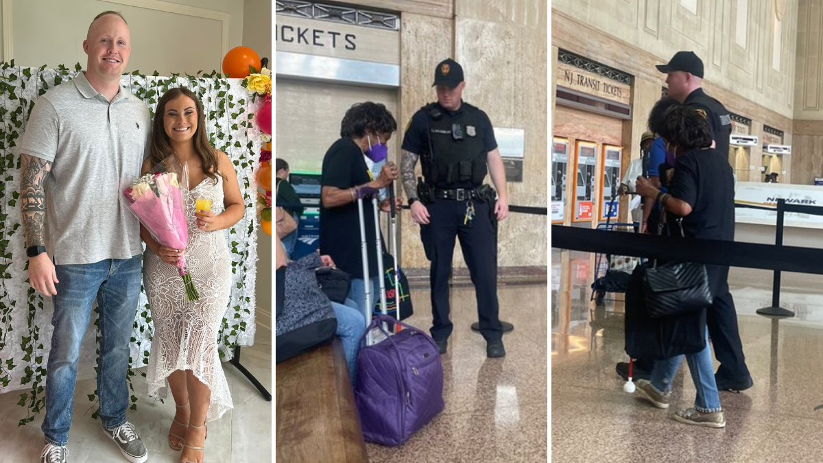 man and a woman holding flowers and a police officer helping a blind woman