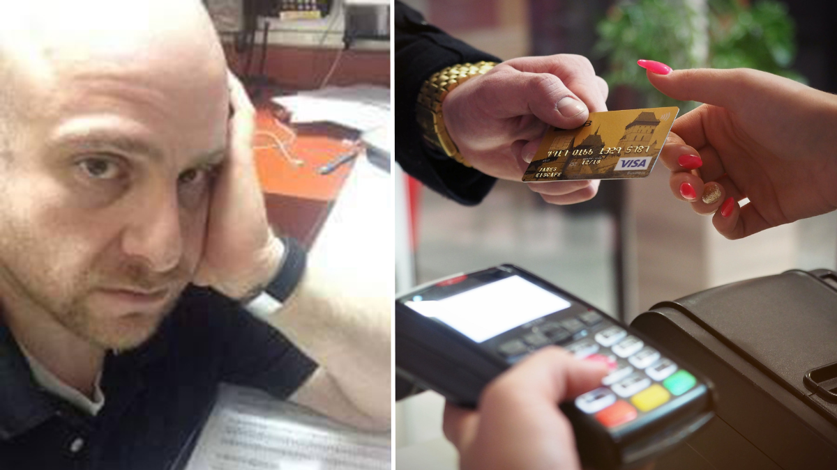 man resting his face on his hand and a person paying with his credit card