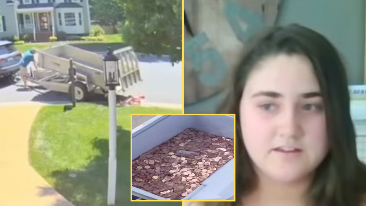 truck with pennies in it, a teenage girl and a container filled with pennies