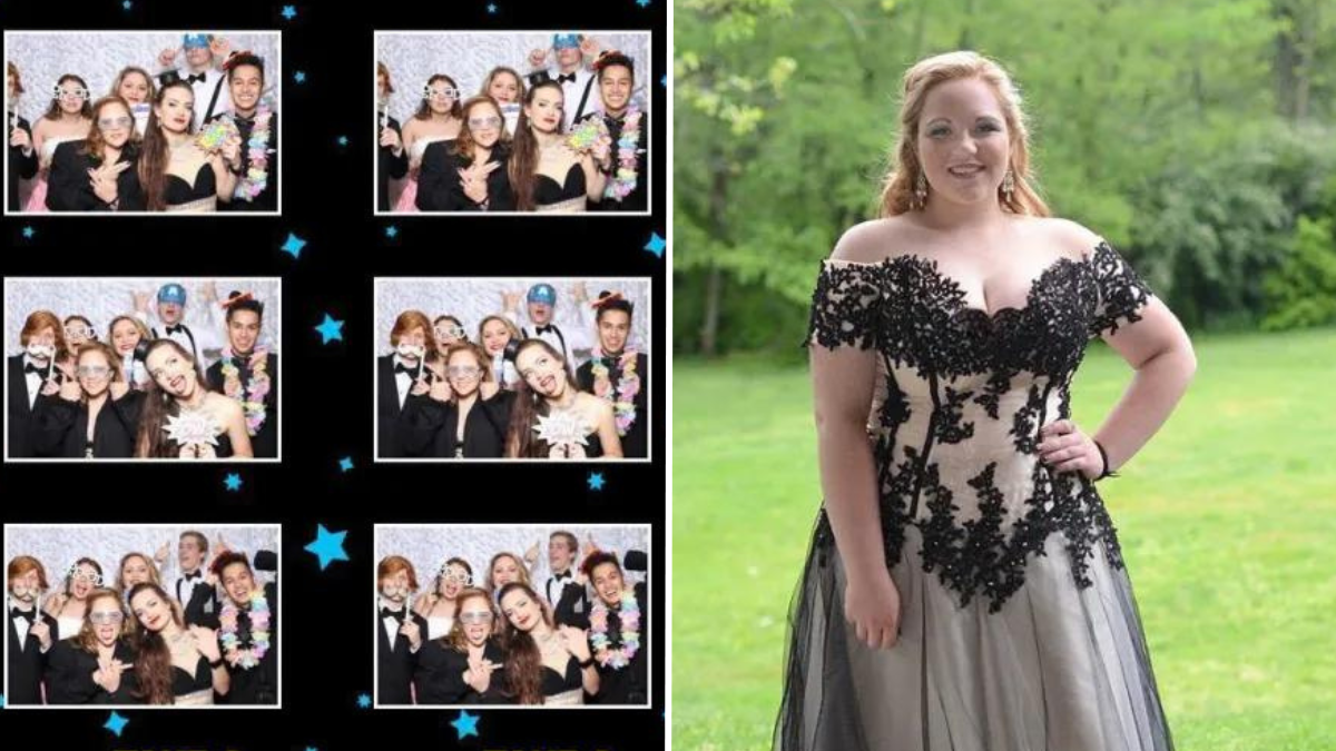 photo booth picture and a teen wearing a prom dress