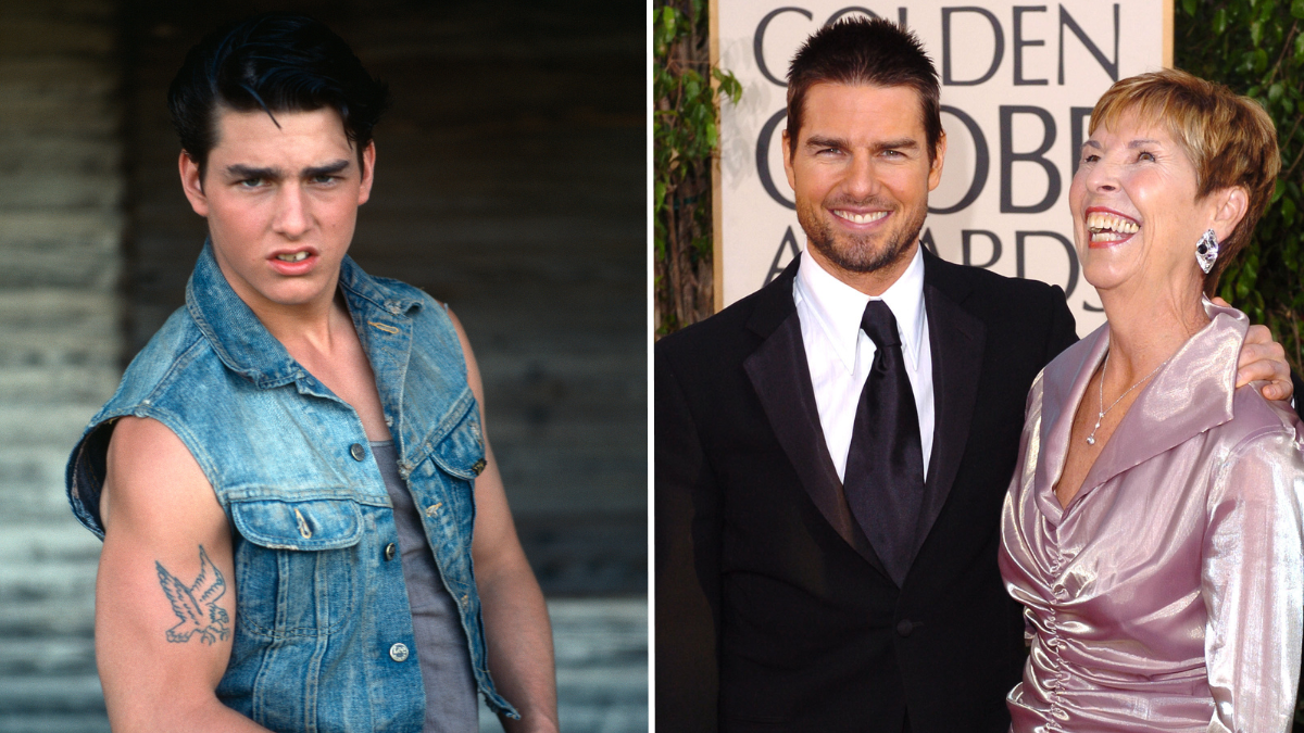 Tom Cruise with a tattoo and Tom Cruise with his mother on a red carpet