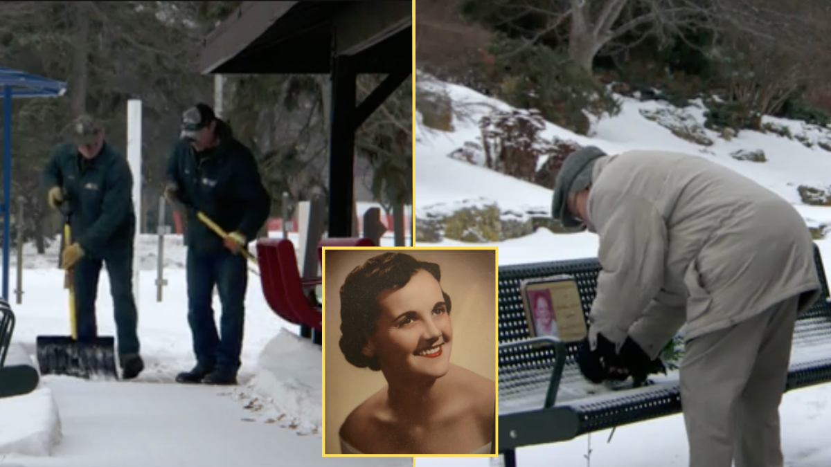 two men shoveling snow, an elderly man at a park bench and a woman's photograph (inset)