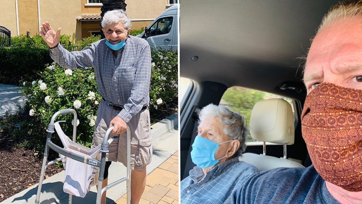 elderly man and two people wearing face masks in a car