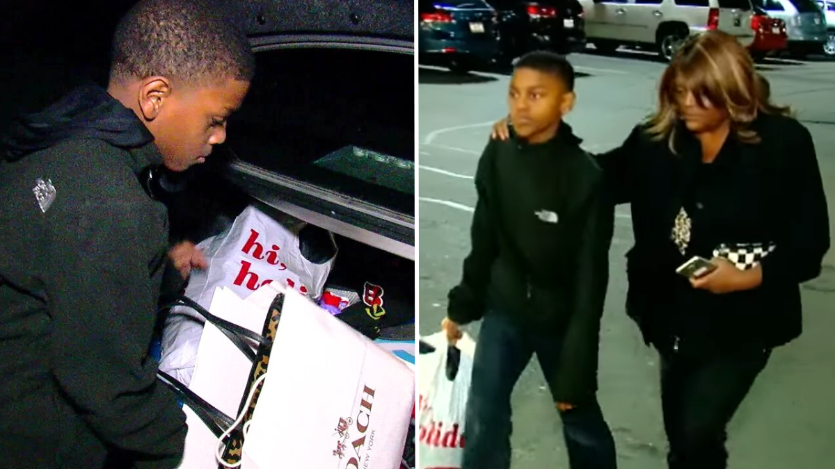 young boy putting gift bags in the trunk of a car and a young boy with an older woman