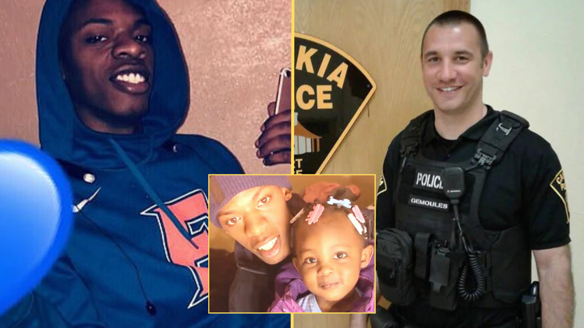 young man wearing a blue hoodie, a police officer and a man with his little daughter