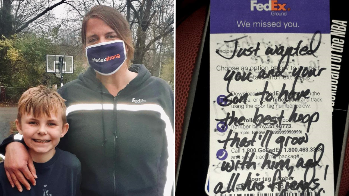 woman with a little boy and a note scribbled on a FedEx slip