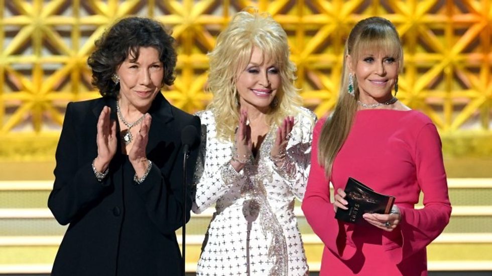 Jane Fonda with Dolly Parton and Lily Tomlin at the Emmys