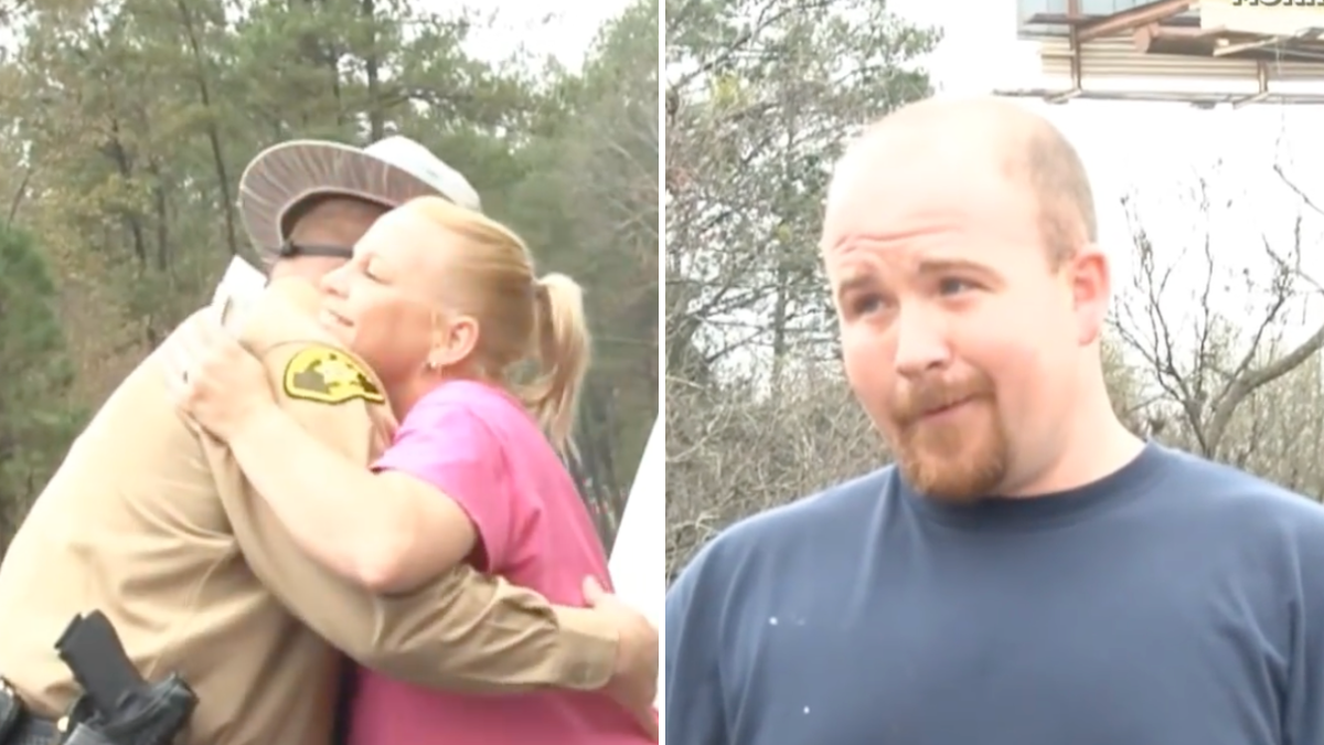 woman hugging a police officer and a man wearing a blue shirt