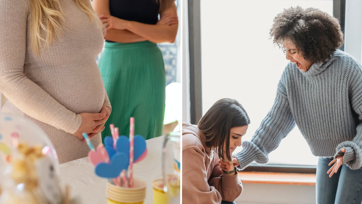 pregnant woman at baby shower and a woman yelling at a seated woman