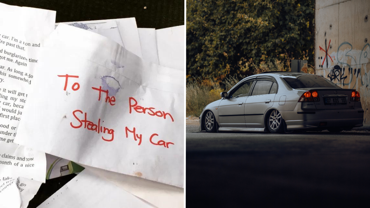 a printed letter and a parked car